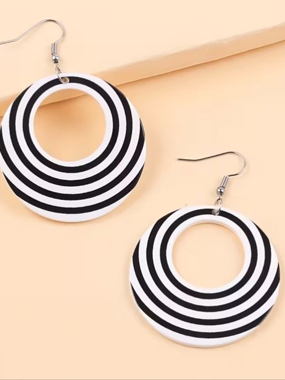 Black and White Striped Hoop Drop Earrings